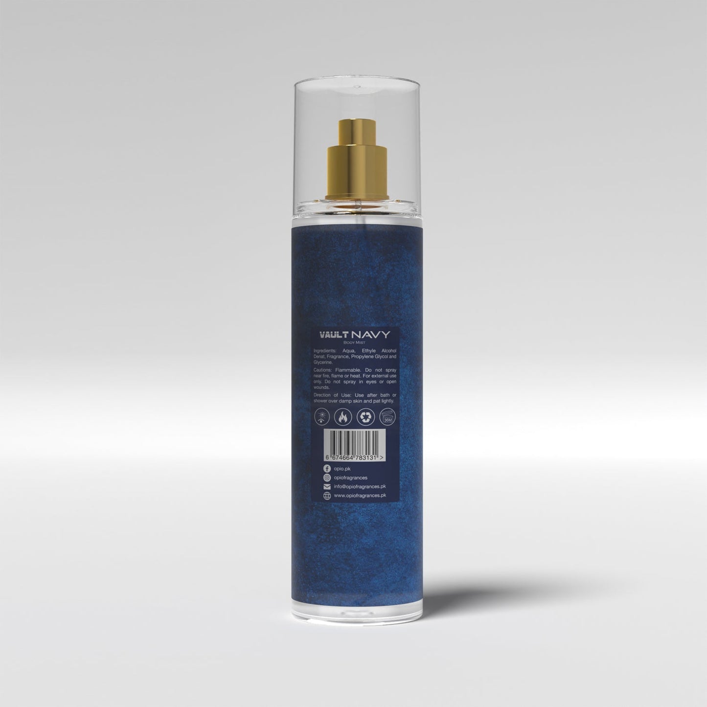 A spray bottle of OPIO Vault Navy body mist.