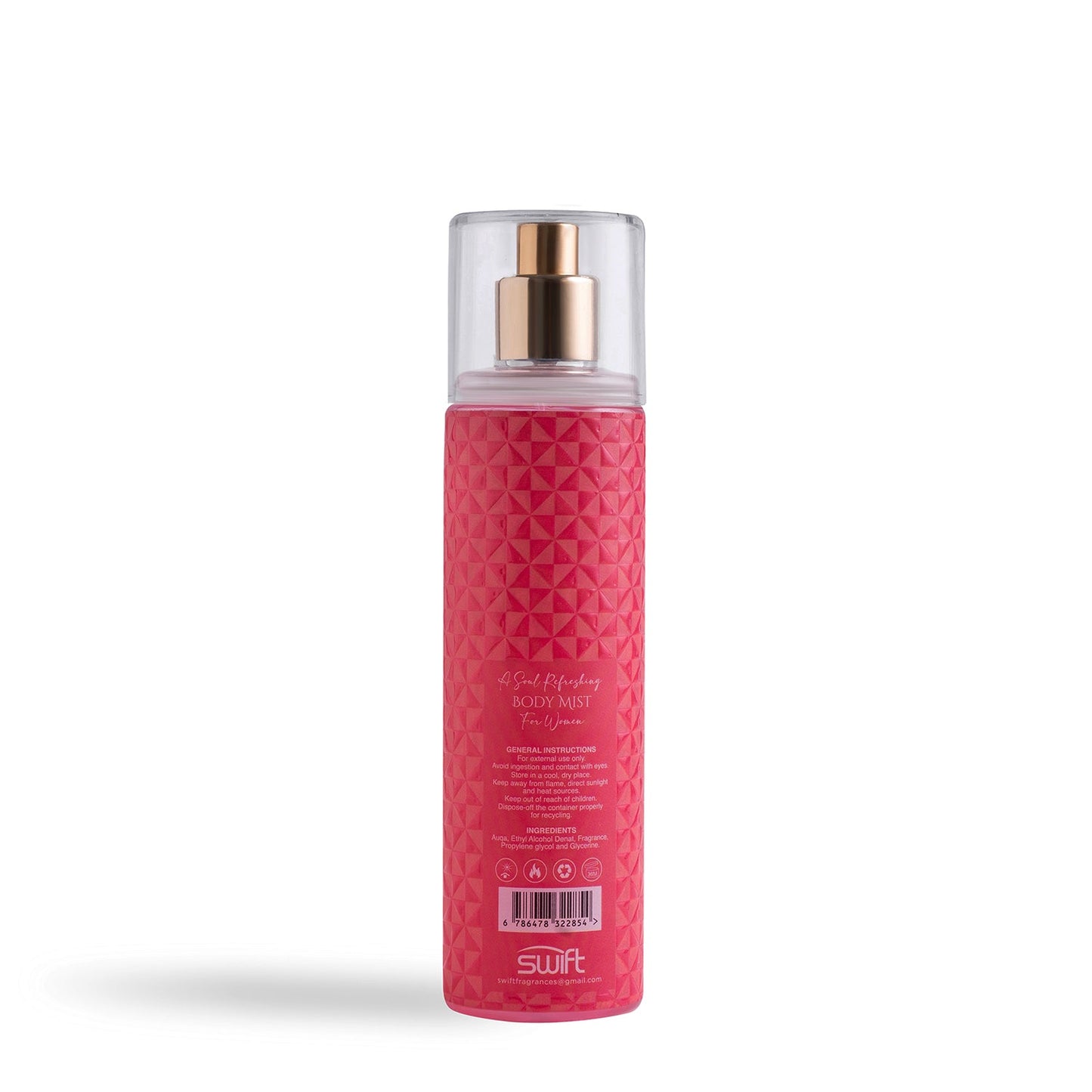 A pink bottle of body mist for women on a white background.