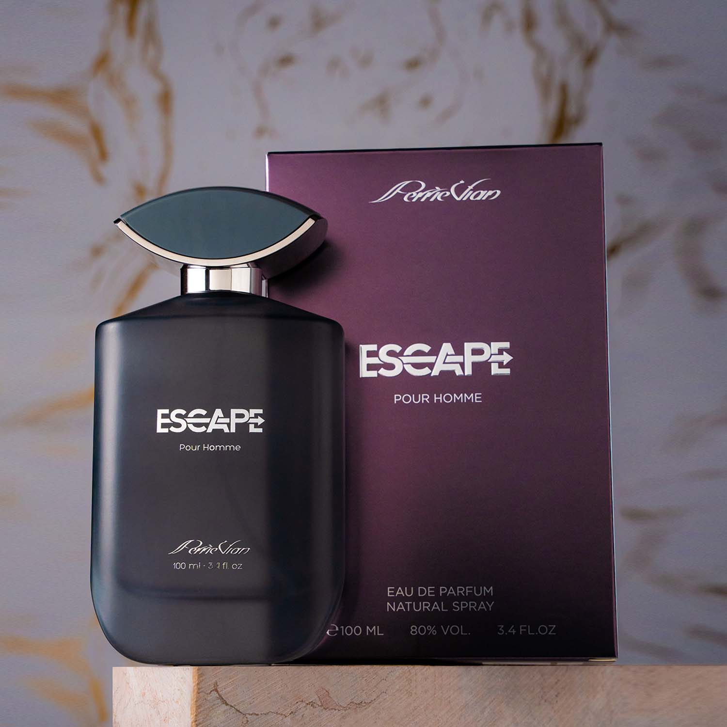 Perfume bottle and packaging on a marble surface