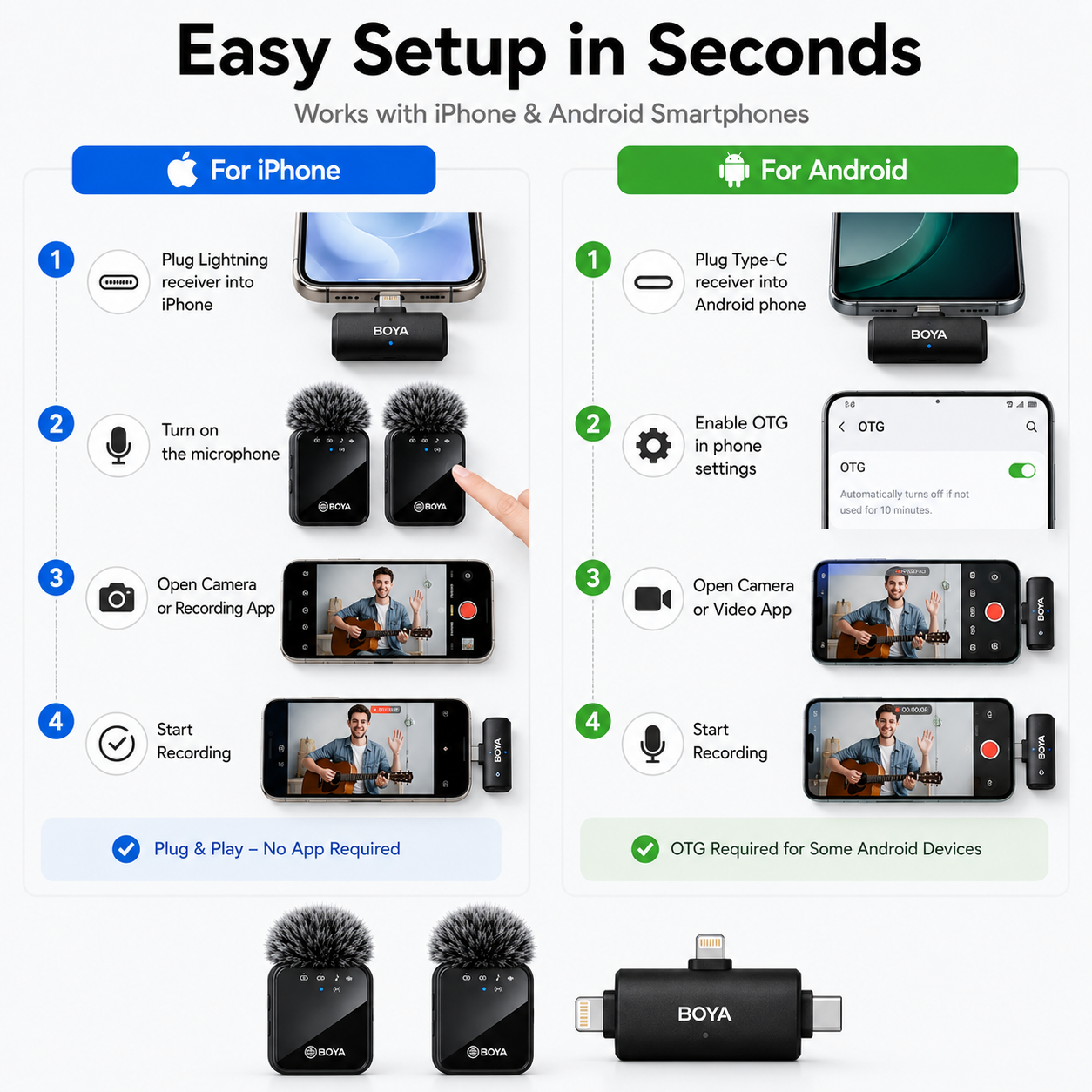 BOYA BY-MW9 Wireless Microphone Original Dual Mic With Noise Reduction Sound Puff Plug & Play for Android IOS Type C Vlogging Podcast Interview Recording | Boya Wireless Mic Mini Microphone for YouTube TikTok Live Streaming Creator Mic — image 6