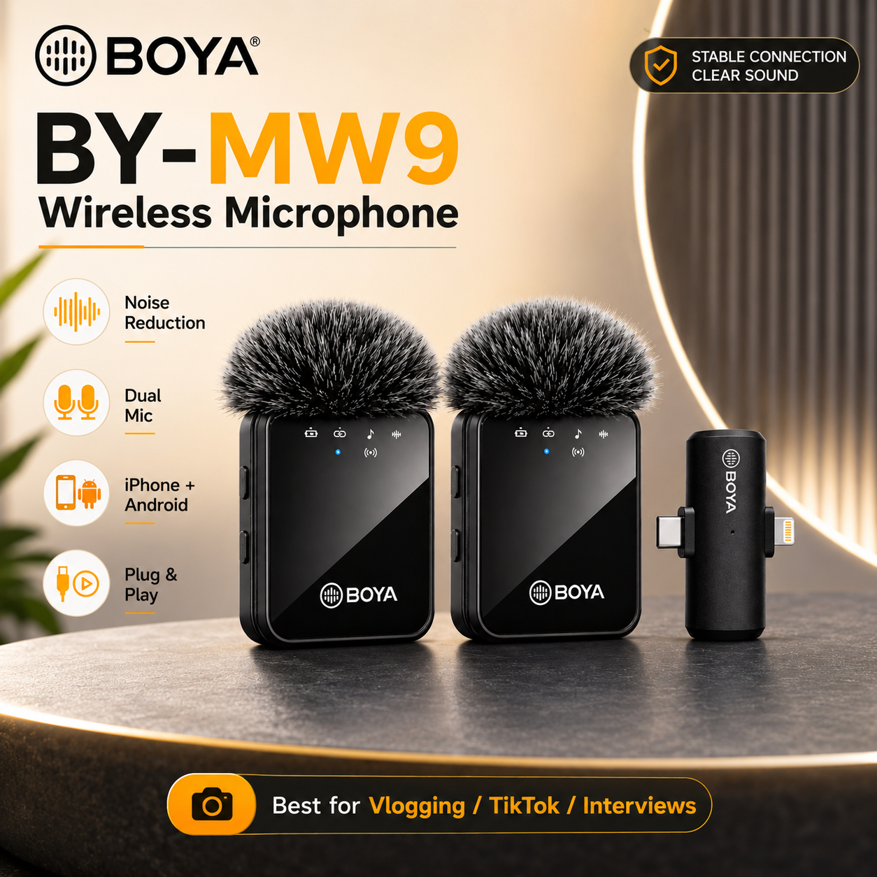 BOYA BY-MW9 Wireless Microphone Original Dual Mic With Noise Reduction Sound Puff Plug & Play for Android IOS Type C Vlogging Podcast Interview Recording | Boya Wireless Mic Mini Microphone for YouTube TikTok Live Streaming Creator Mic — image 1