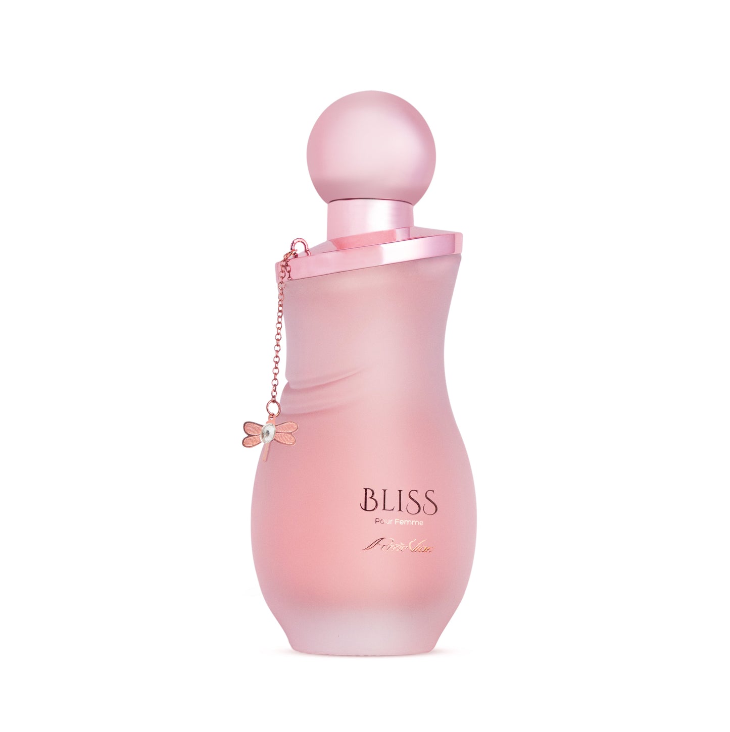 A bottle of 'Bliss' perfume for women, with a pink label and cap.