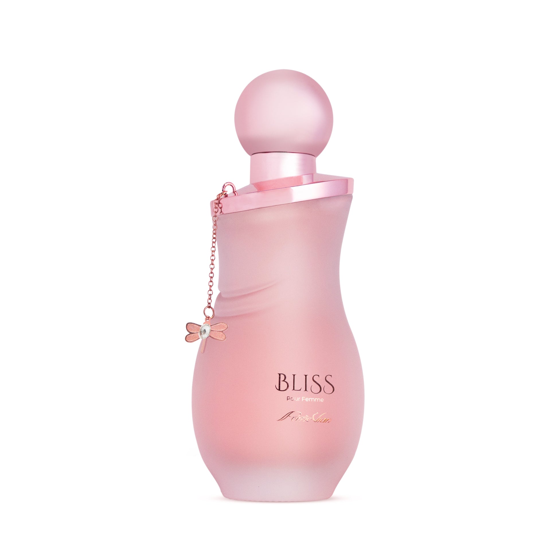 A bottle of 'Bliss' perfume for women, with a pink label and cap.