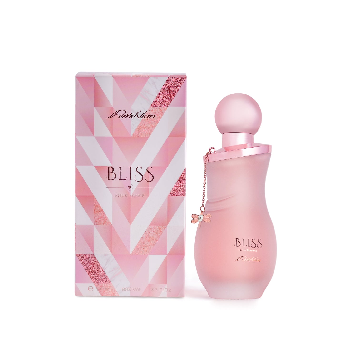A bottle of 'Bliss' perfume for women, with a pink label and cap.