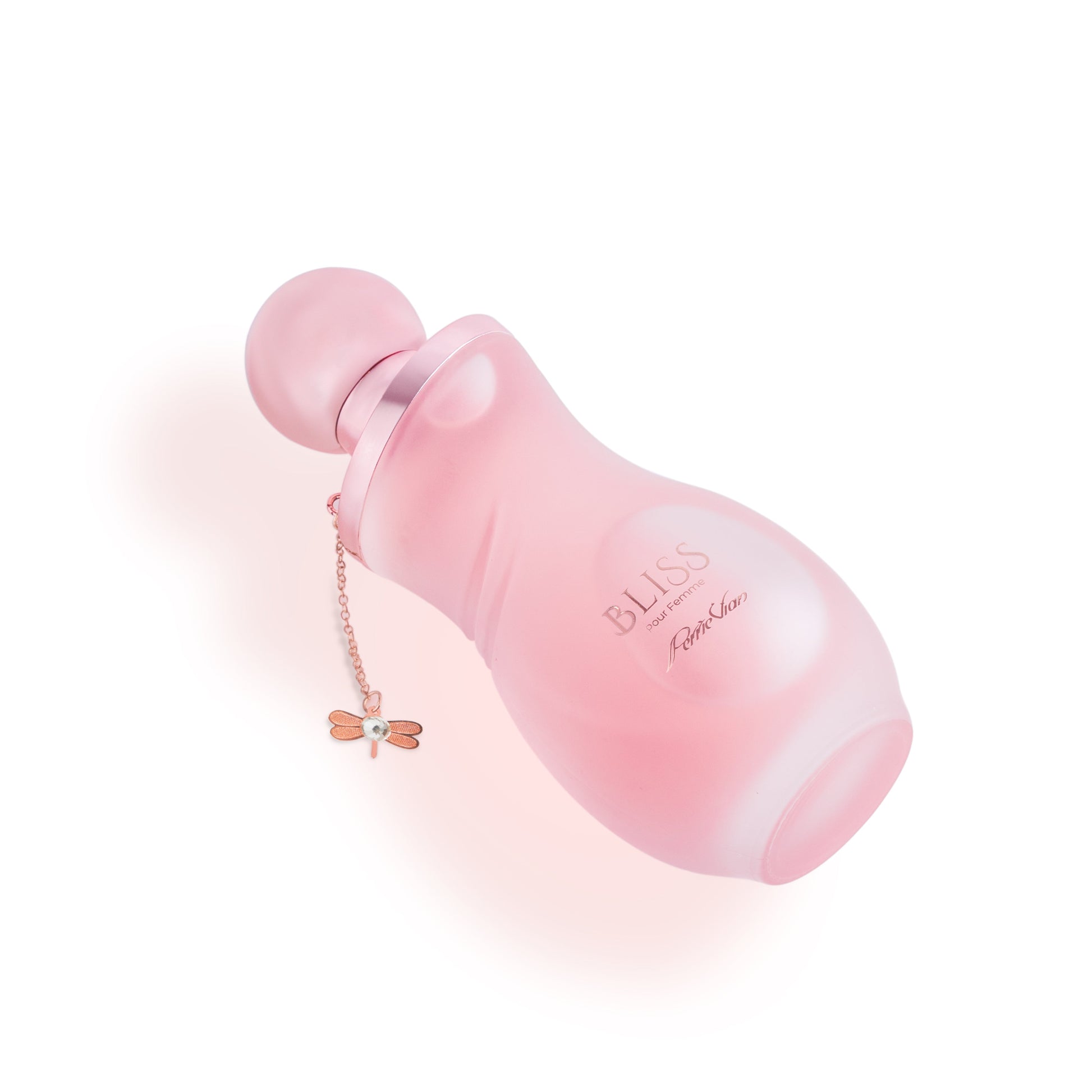 A bottle of 'Bliss' perfume for women, with a pink label and cap.