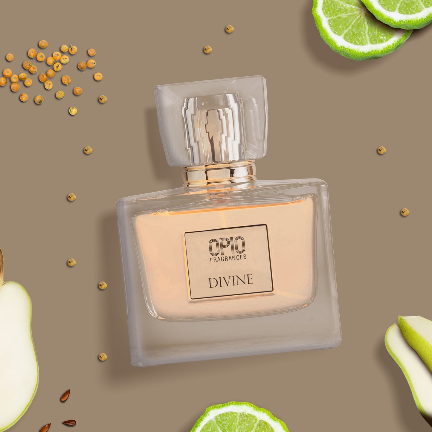 A clear bottle of perfume labeled 'DIVINE' with a transparent cap.