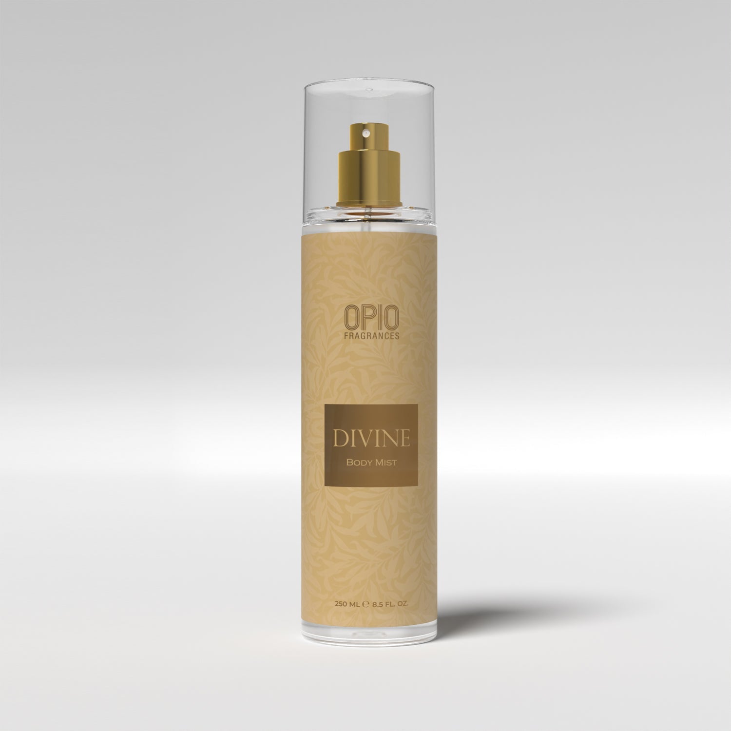 A clear spray bottle labeled 'DIVINE' by Opio Fragrances, with a gold-colored cap.