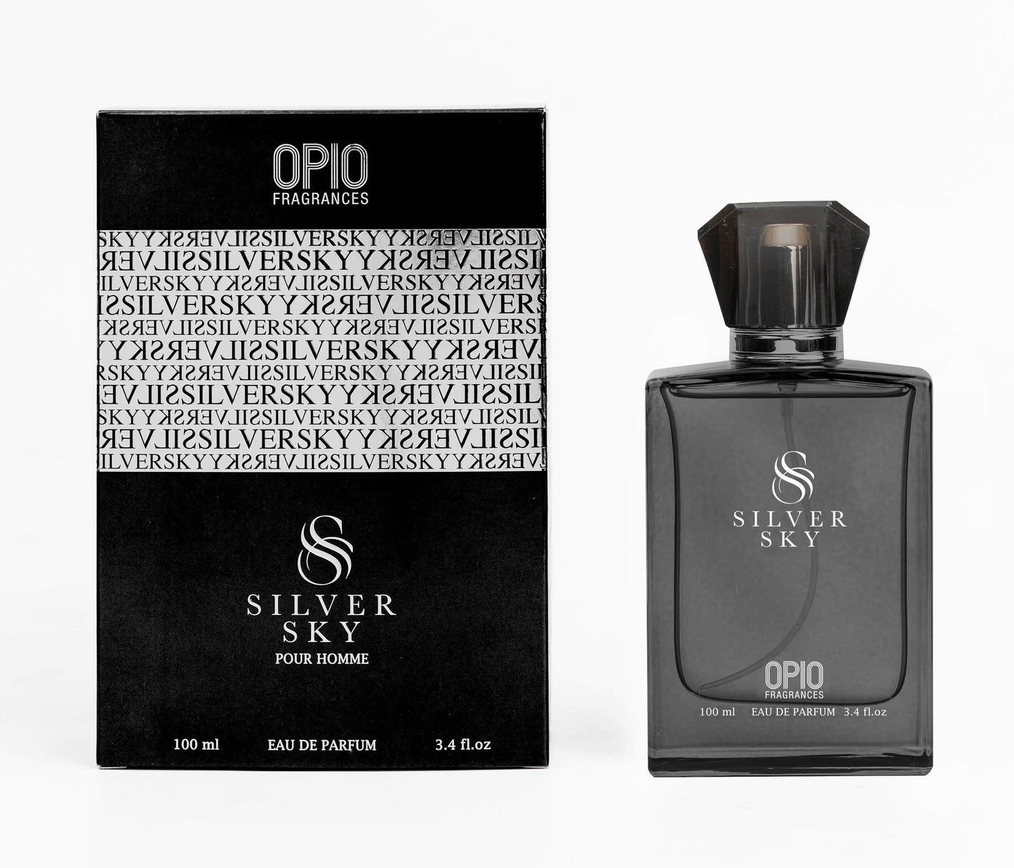 A black perfume bottle with box, a clear liquid, branded Silver Sky by Opio.