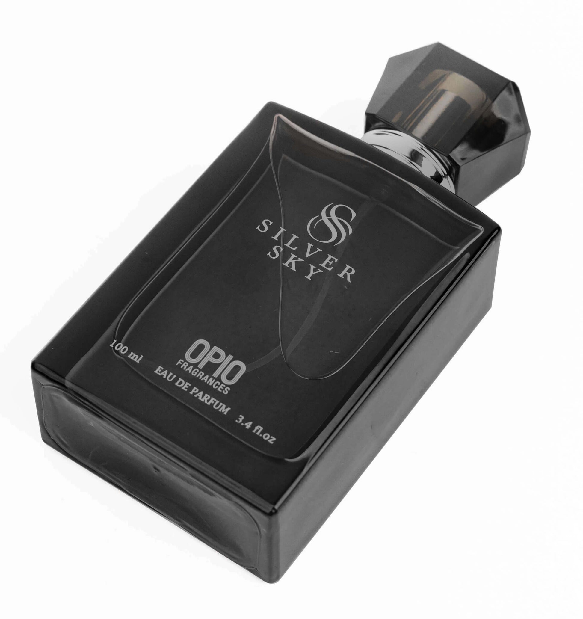A black perfume bottle with a clear liquid, branded Silver Sky by Opio.