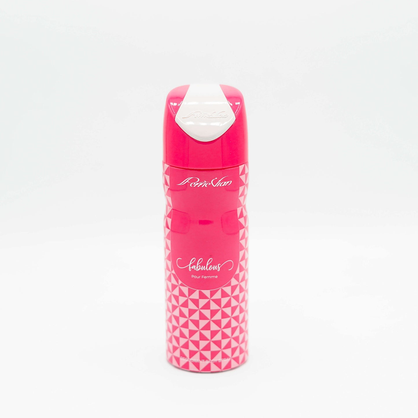 A pink bottle of FABULOUS BODYSPRAY (FOR WOMEN) with a geometric pattern and the brand name 'Perrie Vian' visible.