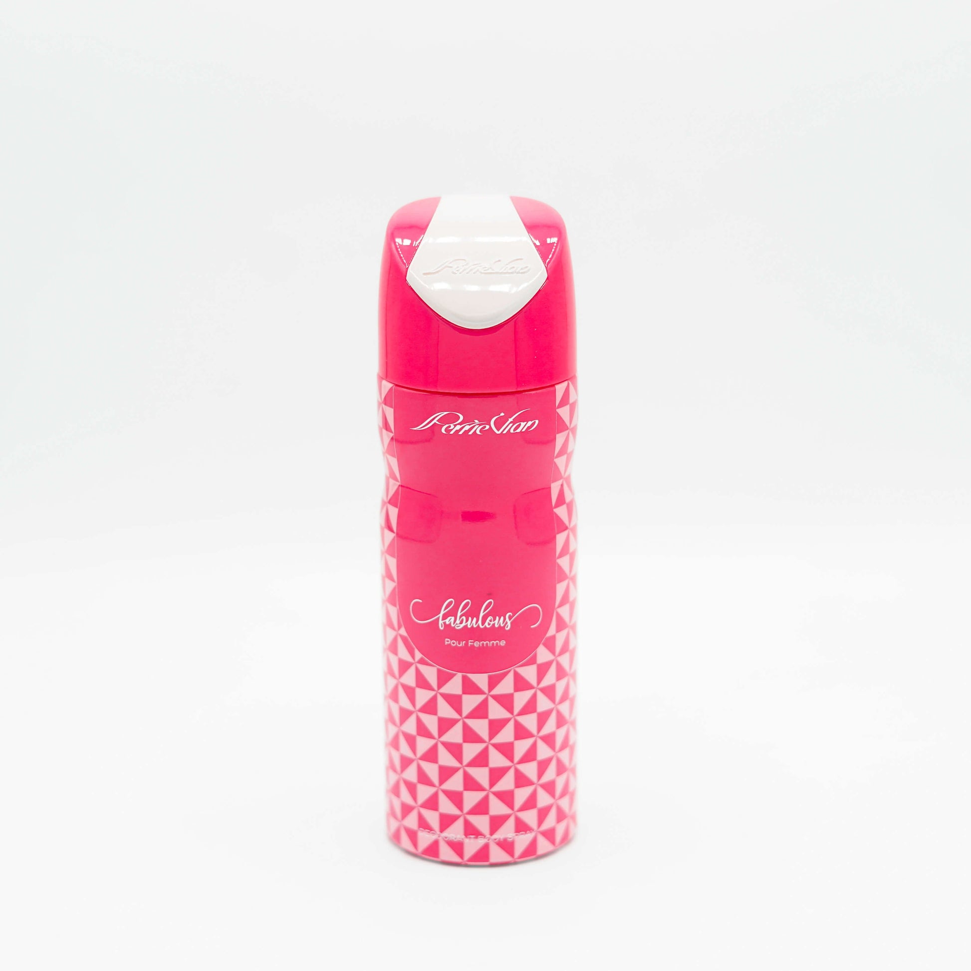 A pink bottle of FABULOUS BODYSPRAY (FOR WOMEN) with a geometric pattern and the brand name 'Perrie Vian' visible.