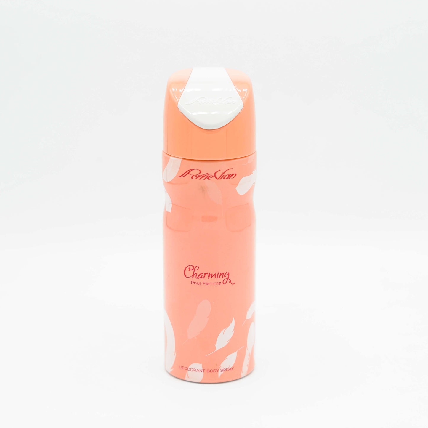 A pink spray bottle labeled 'CHARMING' for deodorant.