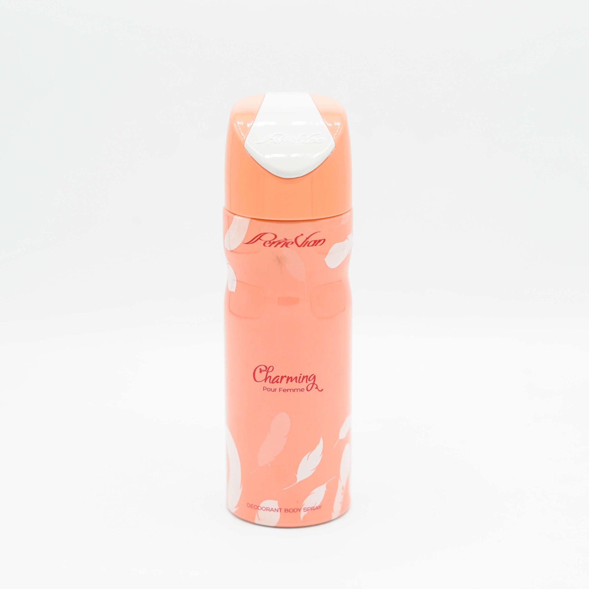 A pink spray bottle labeled 'CHARMING' for deodorant.