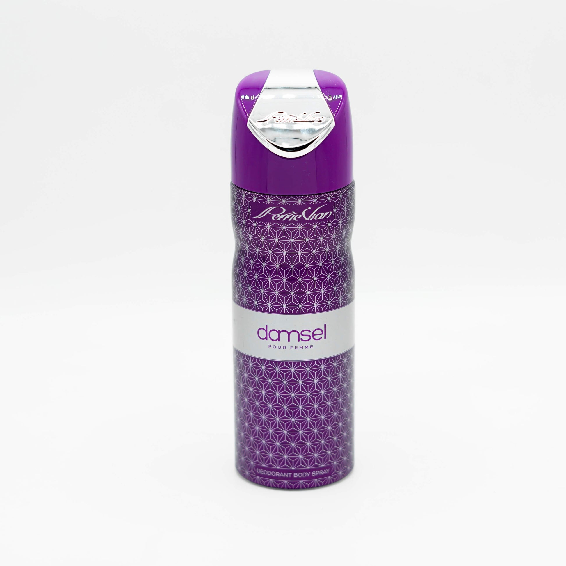 A 200ml can of Damsel body spray for women, the can is predominantly purple with a geometric pattern and the brand name 'Damsel' displayed on the front.