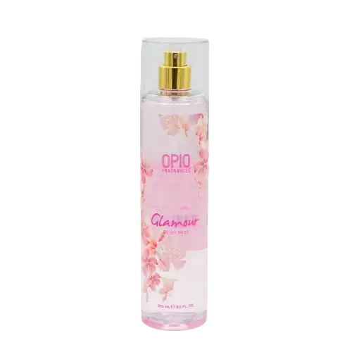 A bottle of 'GLAMOUR' body mist for women with a floral design.