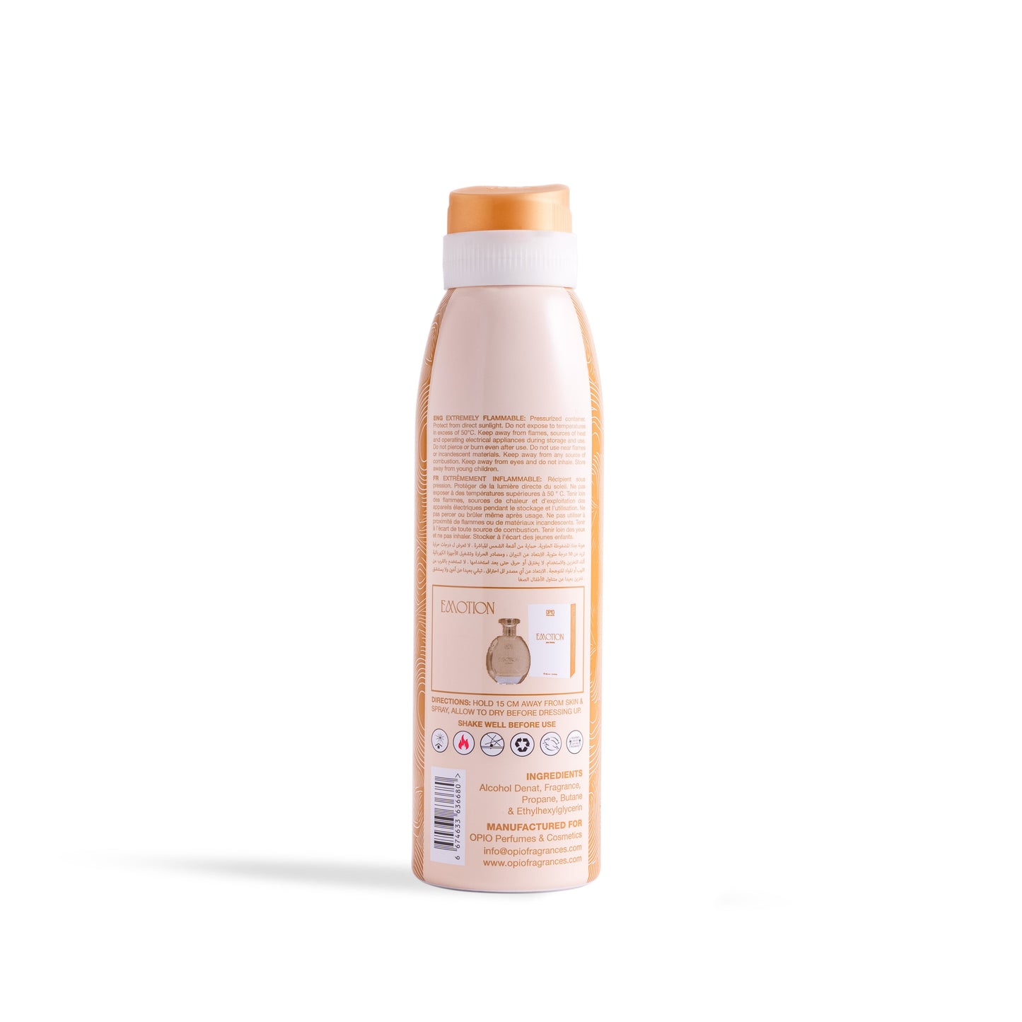 A spray bottle of EMOTION body spray for women by OPIO FRAGRANCES.
