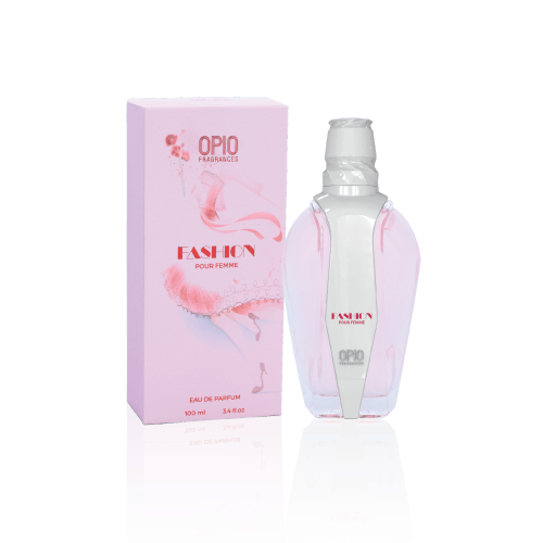 A bottle of 'Opio Fashion' edp for women with its packaging, displaying the product name and fragrance notes.