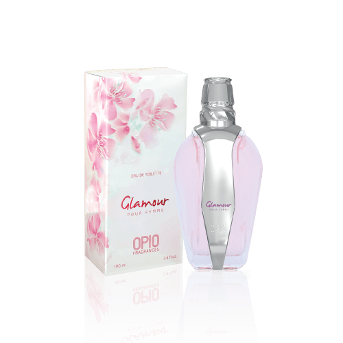 A bottle of 'Glamour' EDP by OPIO with a pink and white floral design, next to its packaging box.