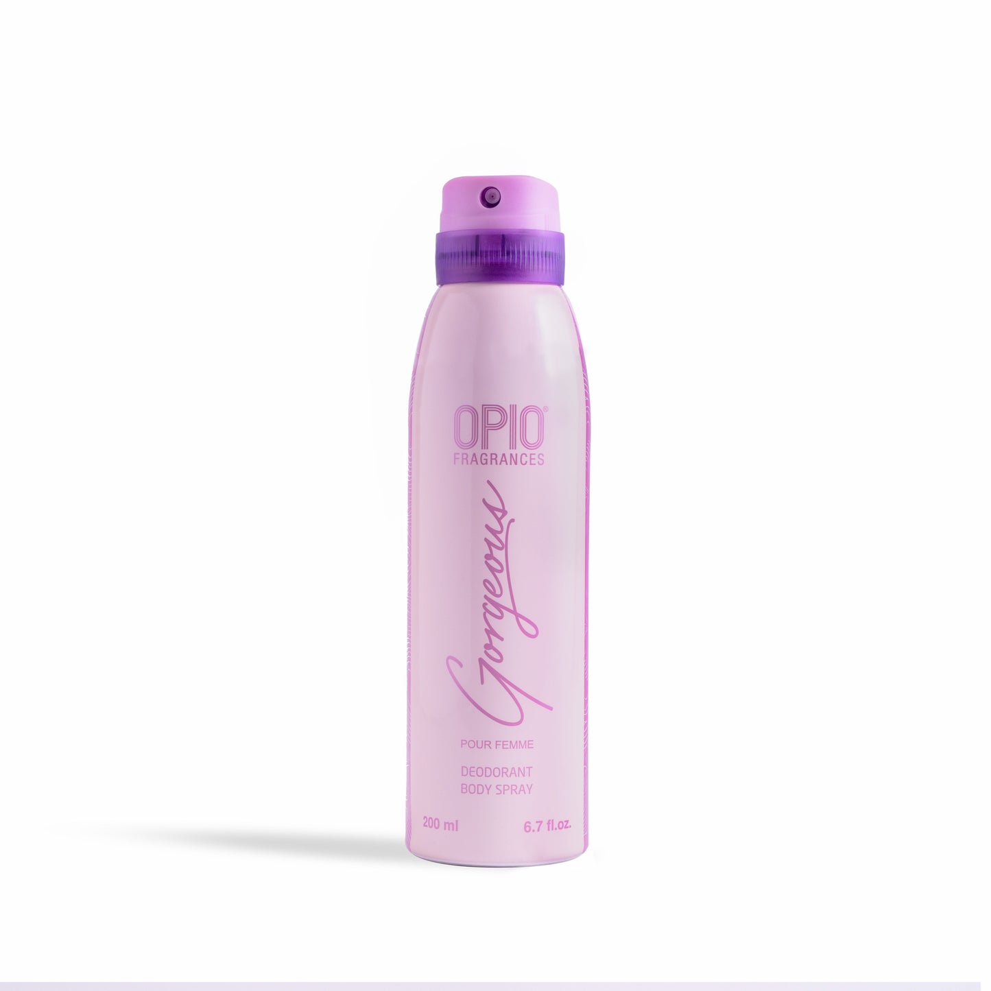 A bottle of OPIO Gorgeous body spray for women, with a pink cap.