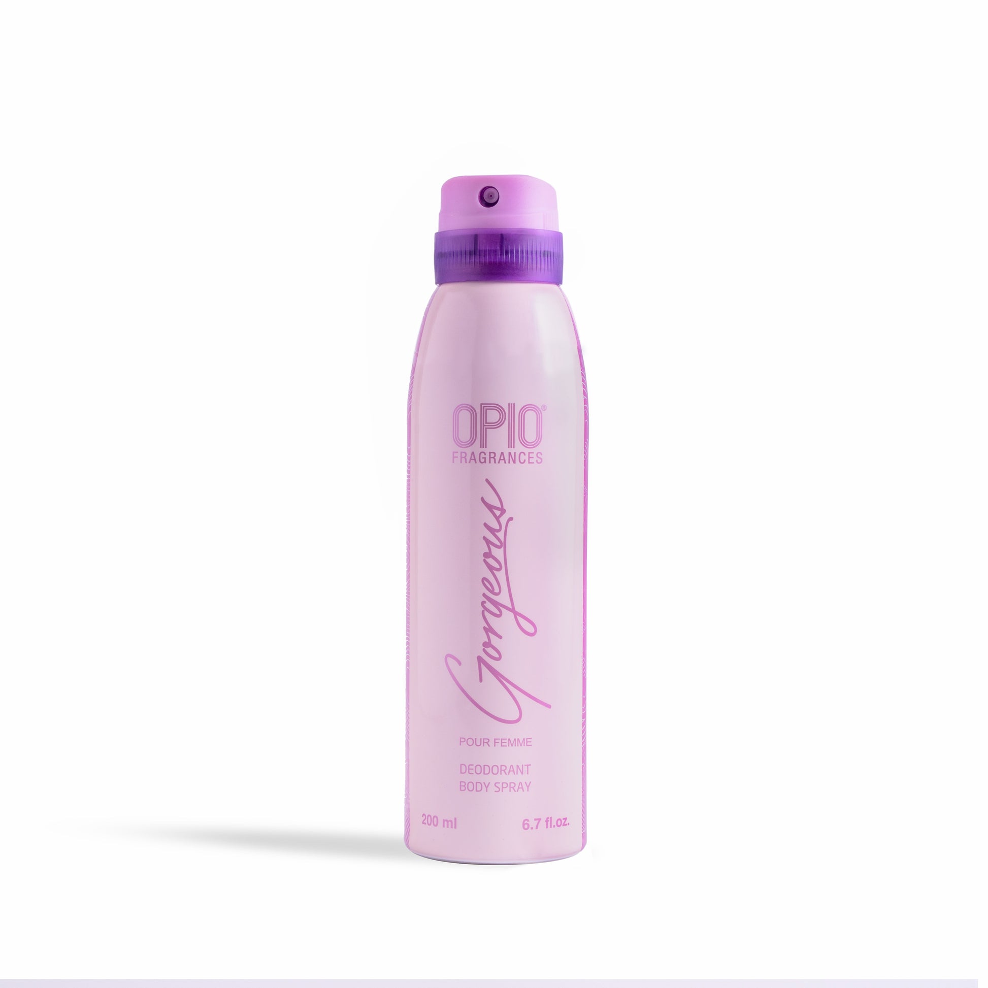 A bottle of OPIO Gorgeous body spray for women, with a pink cap.