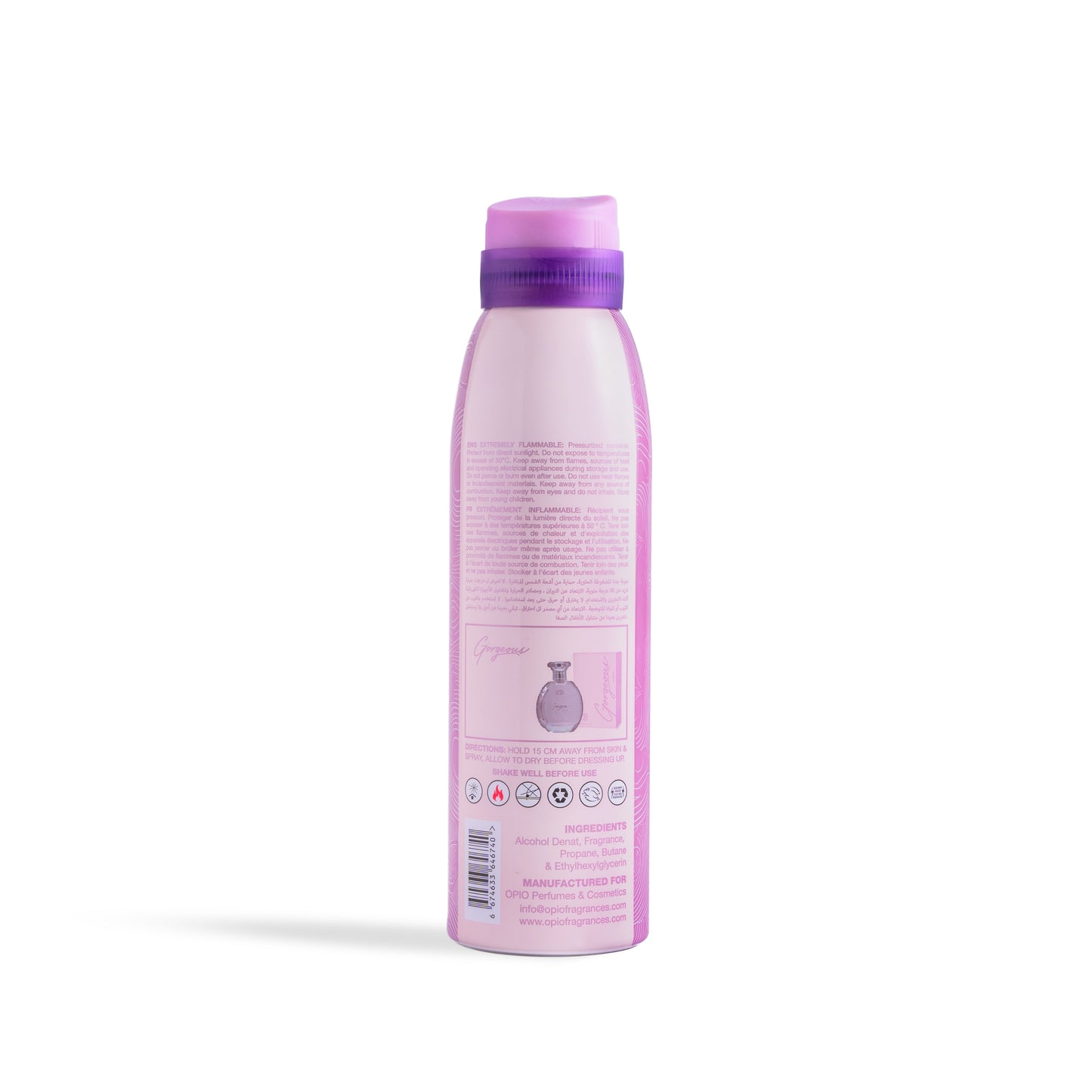 A bottle of OPIO Gorgeous body spray for women, with a pink cap.