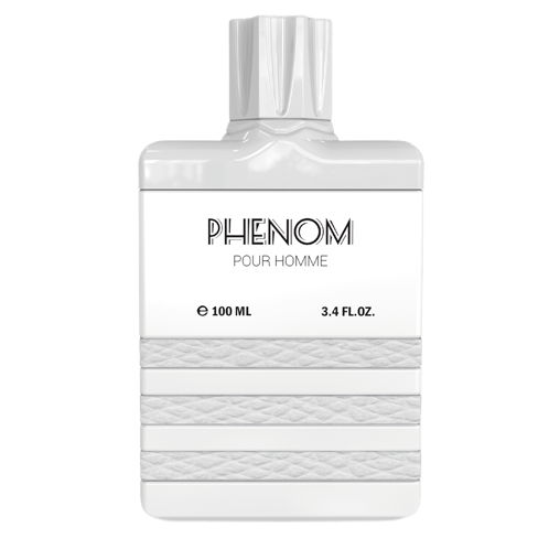 A bottle of Phenom EDP perfume for men, with a clear, elegant design, predominantly white.