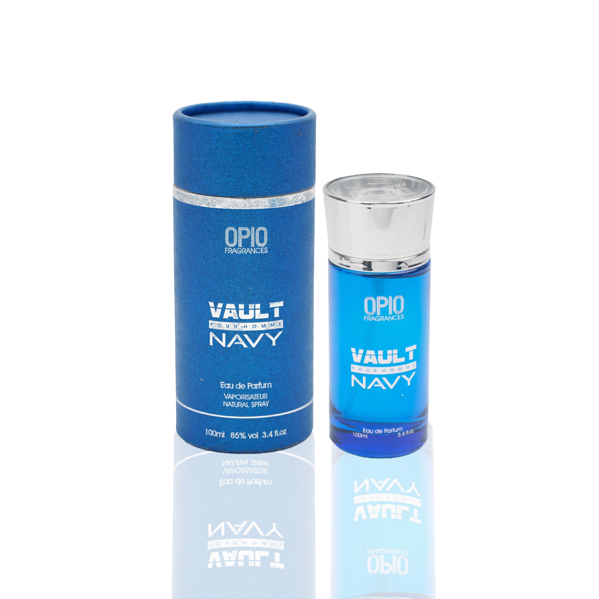 A bottle of 'VAULT NAVY EDP' by OPIO Fragrances, displayed in a blue-themed setting with a beam of light shining through the bottle.