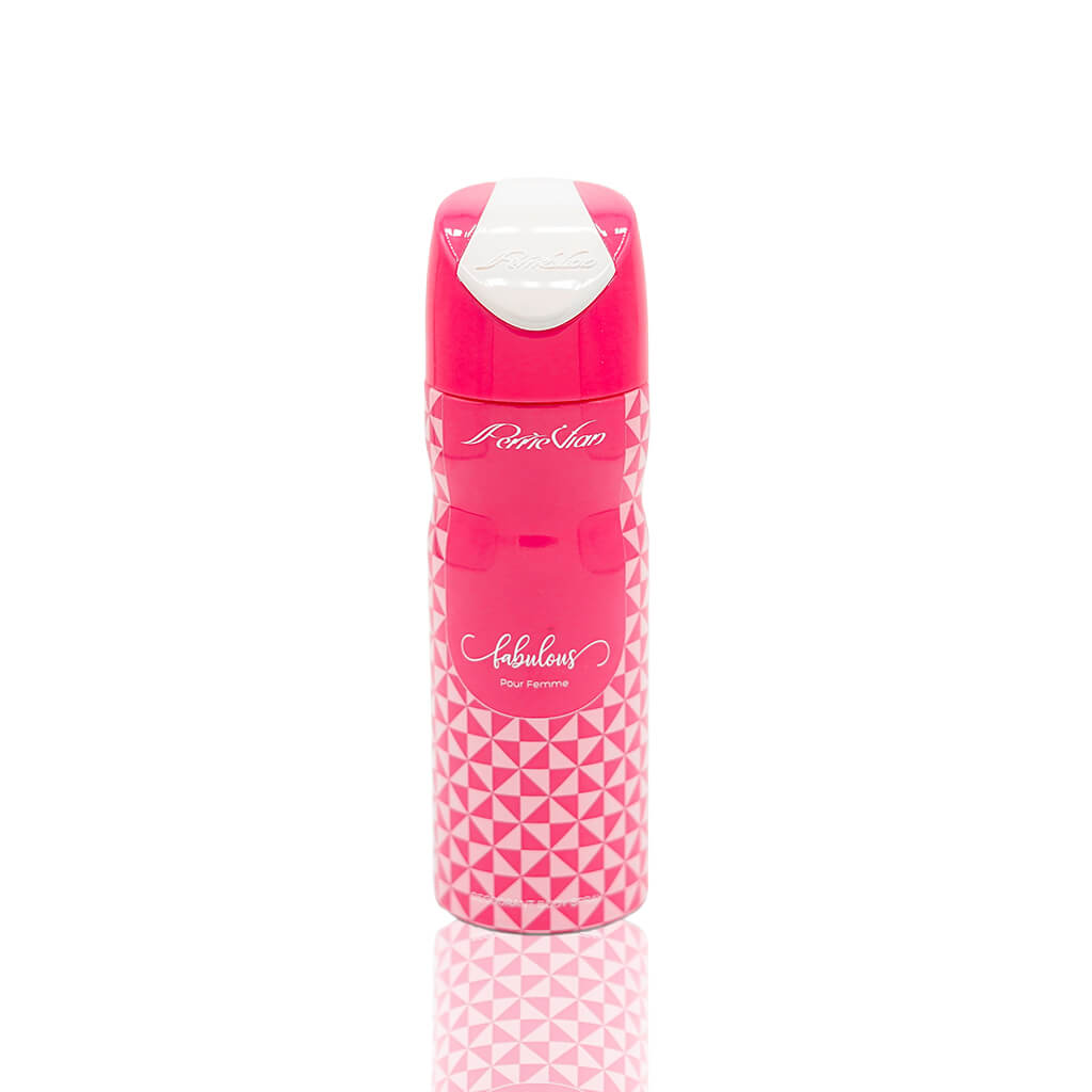 A pink bottle of FABULOUS BODYSPRAY (FOR WOMEN) with a geometric pattern and the brand name 'Perrie Vian' visible.