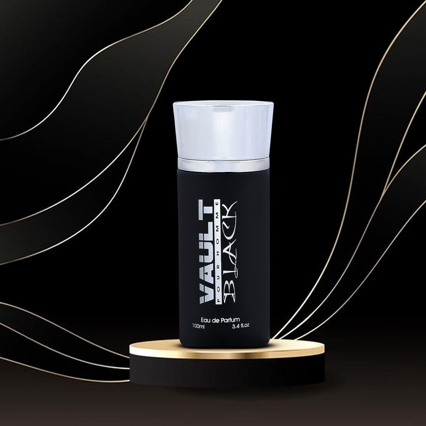 A bottle of 'VAULT BLACK EDP' perfume placed on a golden pedestal with a black and white design bottle, presented against a backdrop with golden lines.