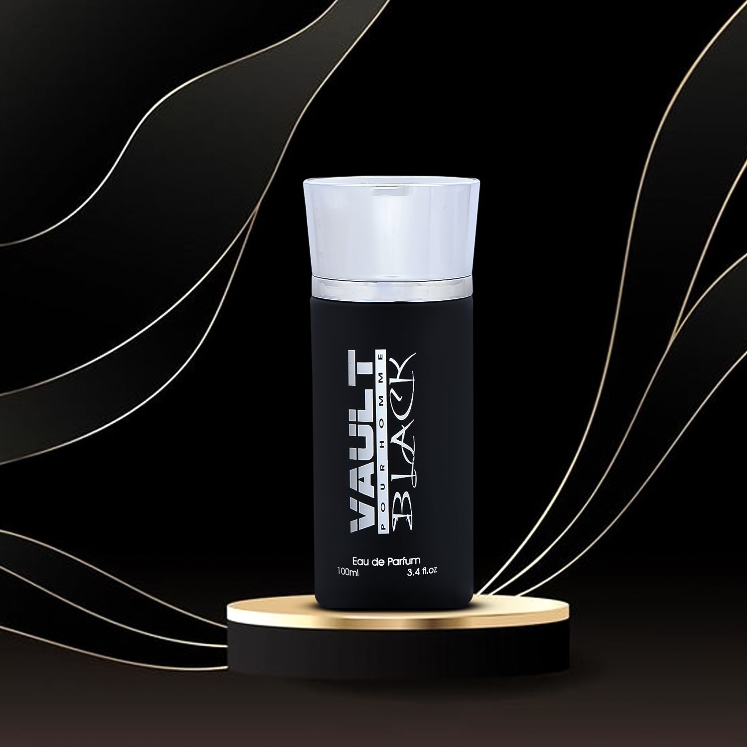 A bottle of 'VAULT BLACK EDP' perfume placed on a golden pedestal with a black and white design bottle, presented against a backdrop with golden lines.