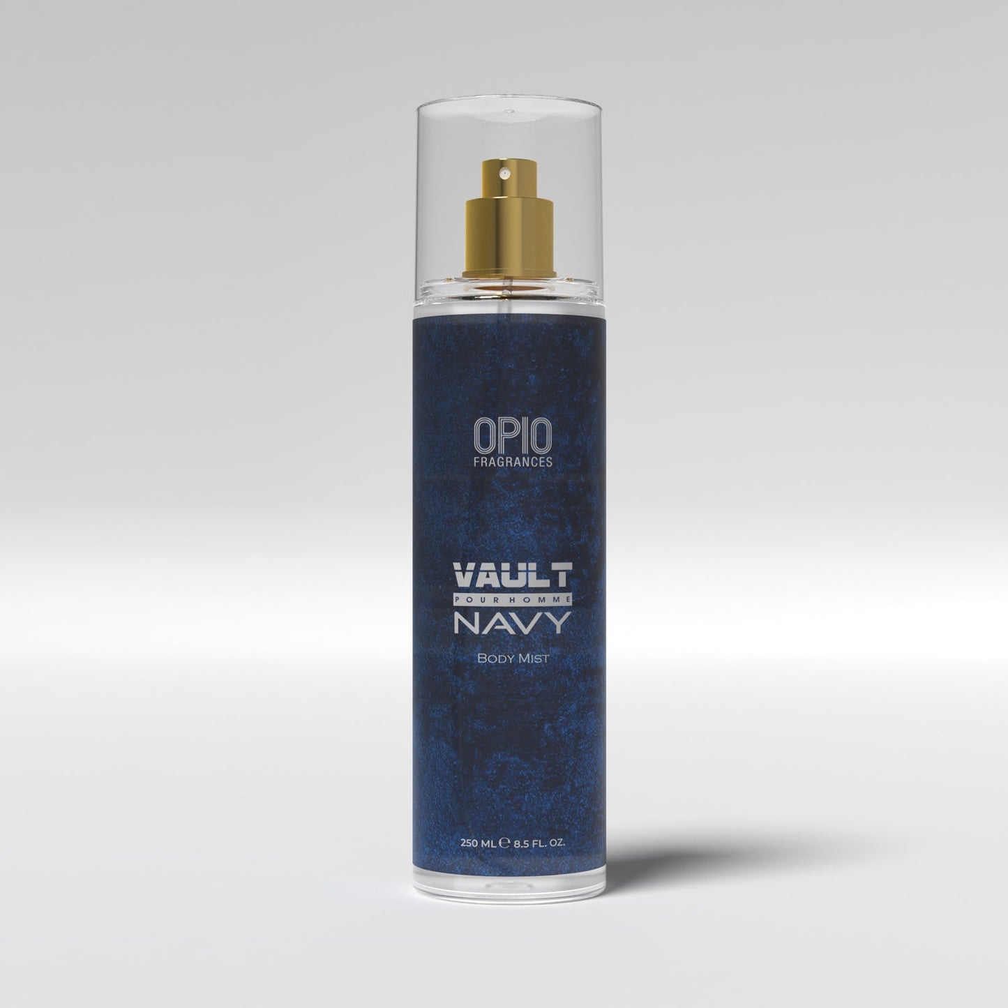 A spray bottle of OPIO Vault Navy body mist.