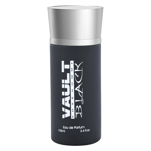 A bottle of 'VAULT BLACK EDP' perfume.