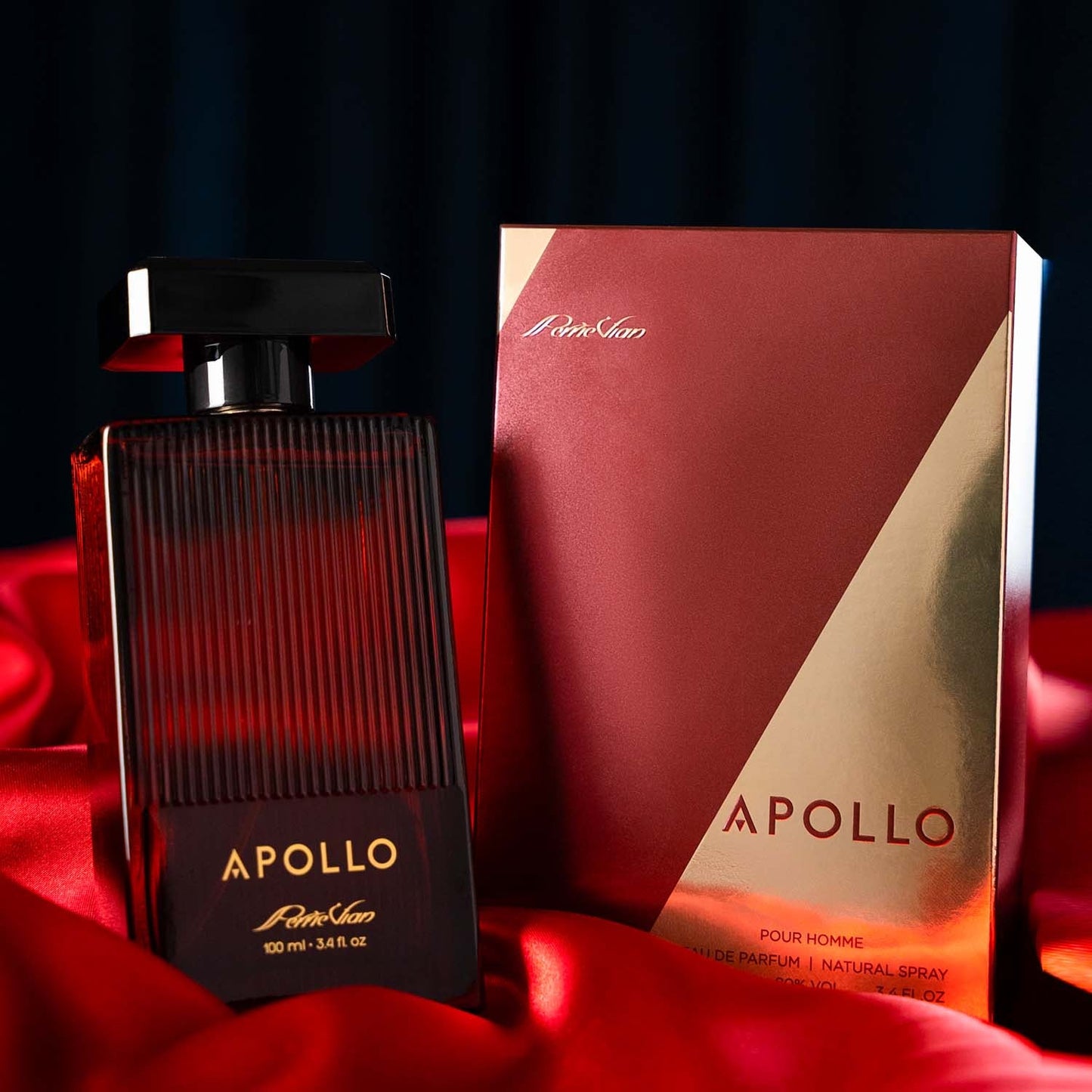 Perfume bottle and packaging on red satin background