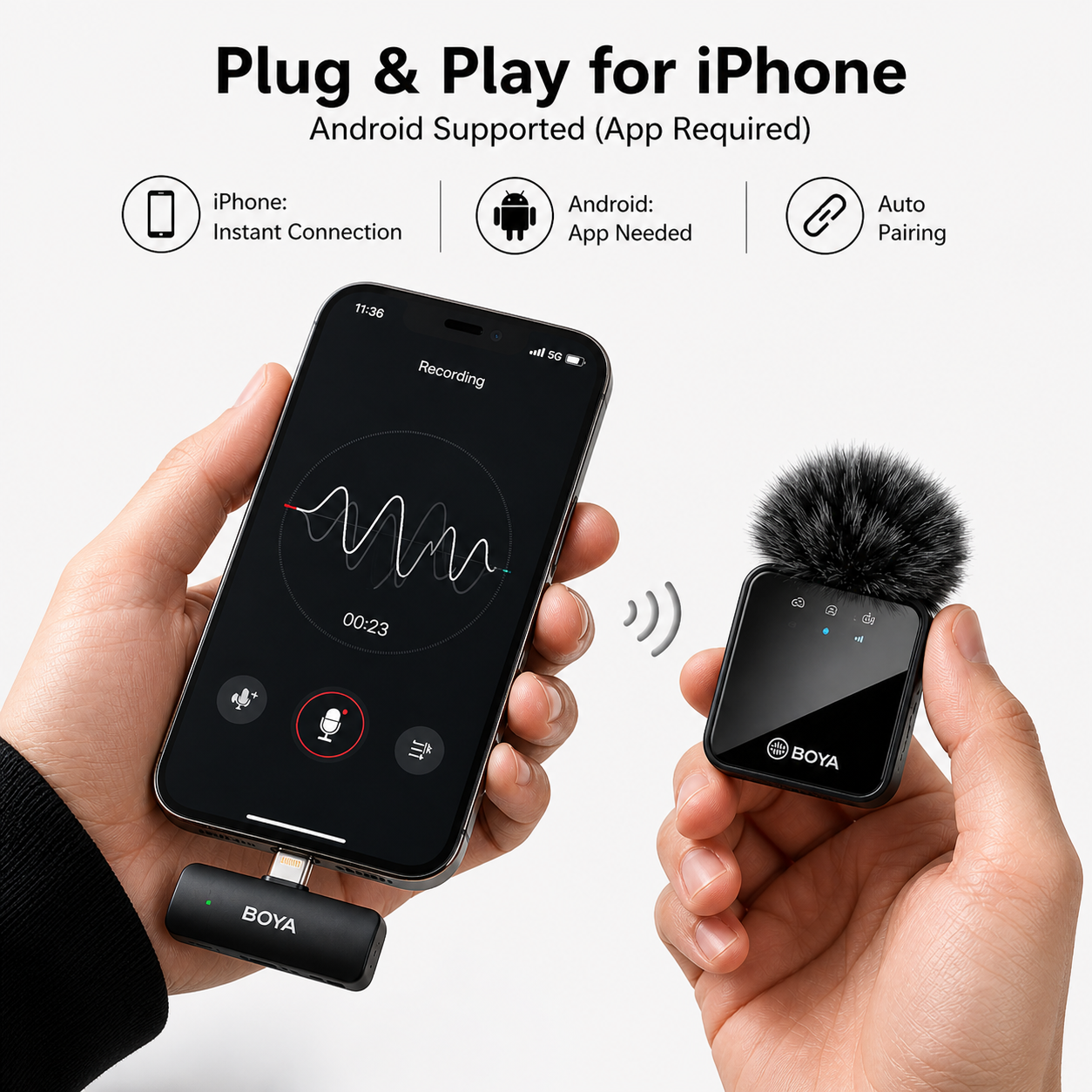 BOYA BY-MW9 Wireless Microphone Original Dual Mic With Noise Reduction Sound Puff Plug & Play for Android IOS Type C Vlogging Podcast Interview Recording | Boya Wireless Mic Mini Microphone for YouTube TikTok Live Streaming Creator Mic — image 5