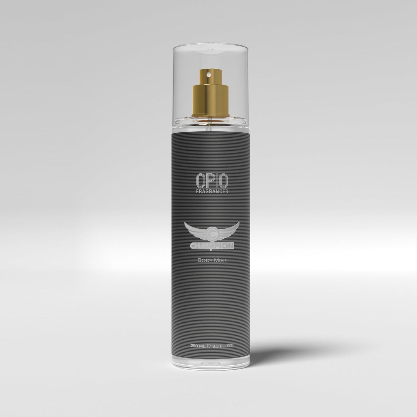 A bottle of CHAMPION BODY MIST for Men by Opio, featuring a black label, gold-colored cap, and branding details.