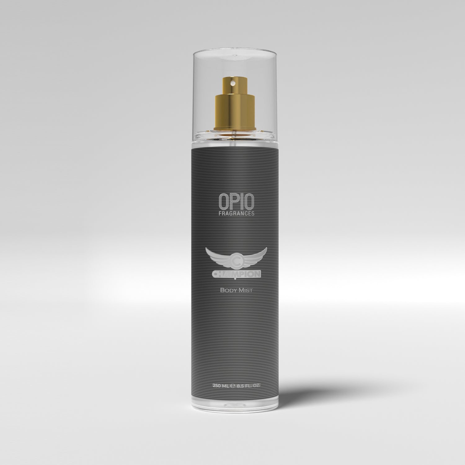 A bottle of CHAMPION BODY MIST for Men by Opio, featuring a black label, gold-colored cap, and branding details.