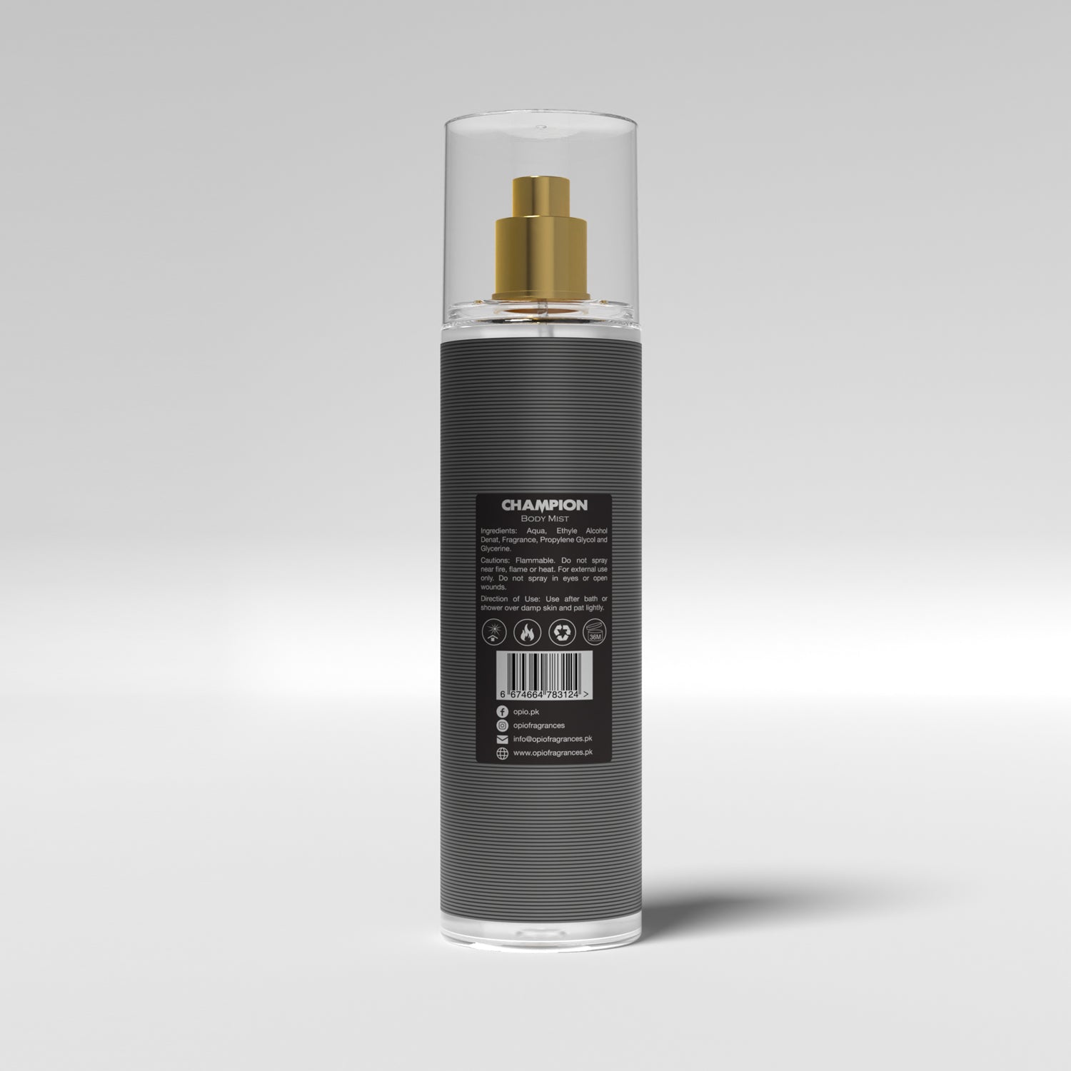 A bottle of CHAMPION BODY MIST for Men by Opio, featuring a black label, gold-colored cap, and branding details.