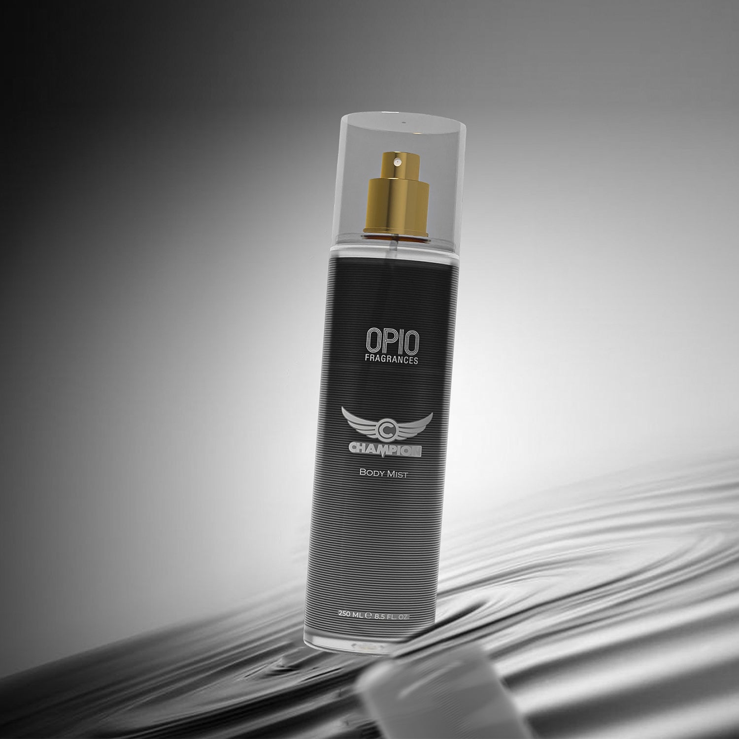 A bottle of CHAMPION BODY MIST for Men by Opio, featuring a black label, gold-colored cap, and branding details.
