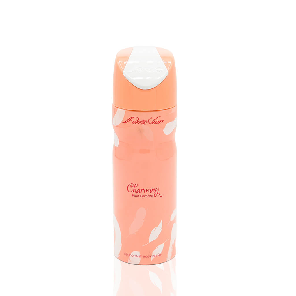 A pink spray bottle labeled 'CHARMING' for deodorant.
