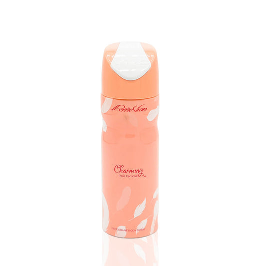 A pink spray bottle labeled 'CHARMING' for deodorant.