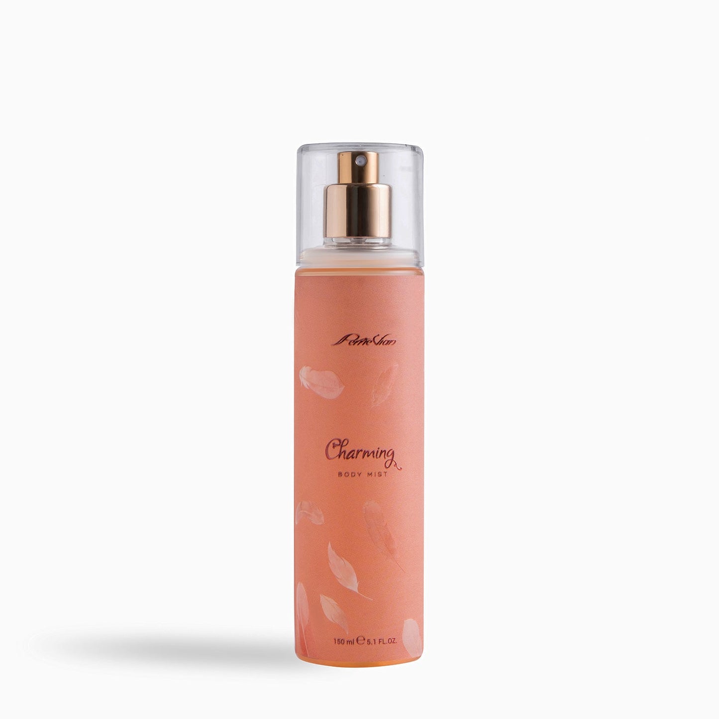A pink bottle of Perrie Vian by OPIO Charming Body Mist for Women, with a clear liquid visible inside the bottle and a gold-colored cap.
