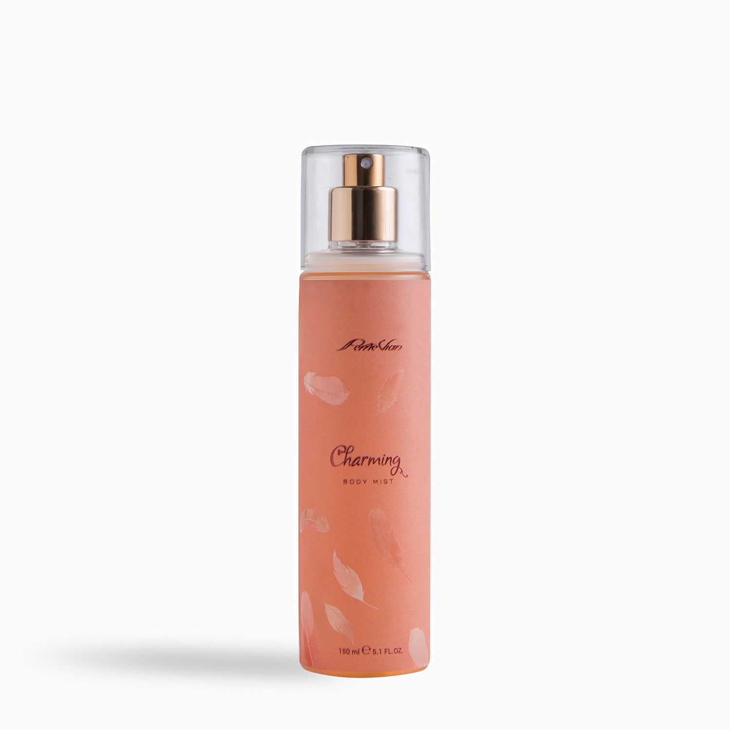 A pink bottle of Perrie Vian by OPIO Charming Body Mist for Women, with a clear liquid visible inside the bottle and a gold-colored cap.