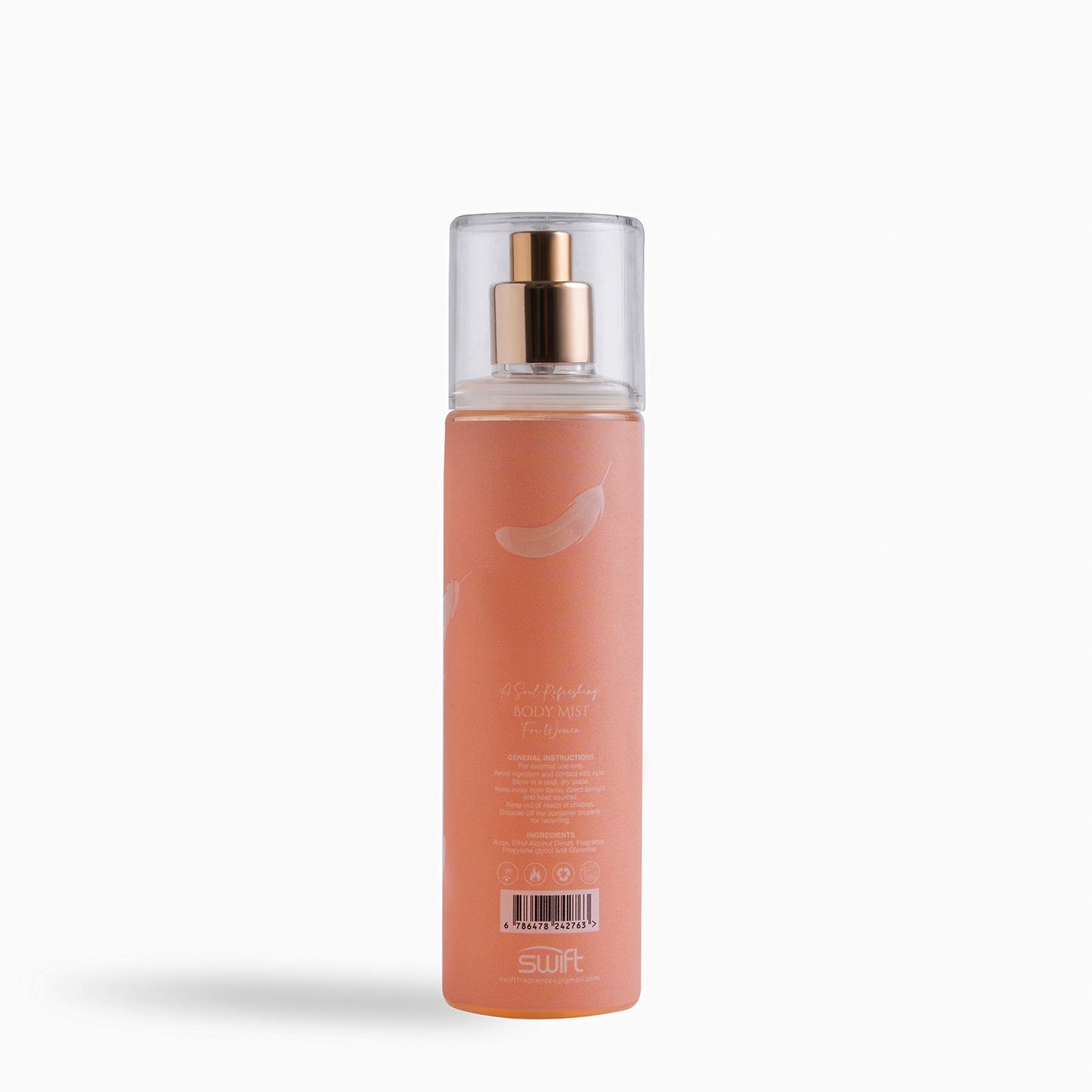 A pink bottle of Perrie Vian by OPIO Charming Body Mist for Women, with a clear liquid visible inside the bottle and a gold-colored cap.