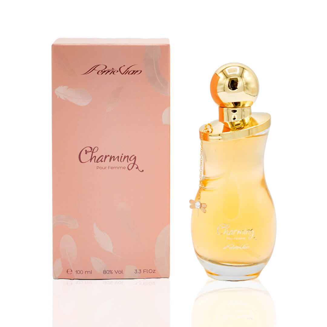 A 100ml bottle of 'CHARMING EDP' for women displayed on a white pedestal with a yellow liquid inside. The bottle has a golden cap and there is a green leaf to the top right of the image.