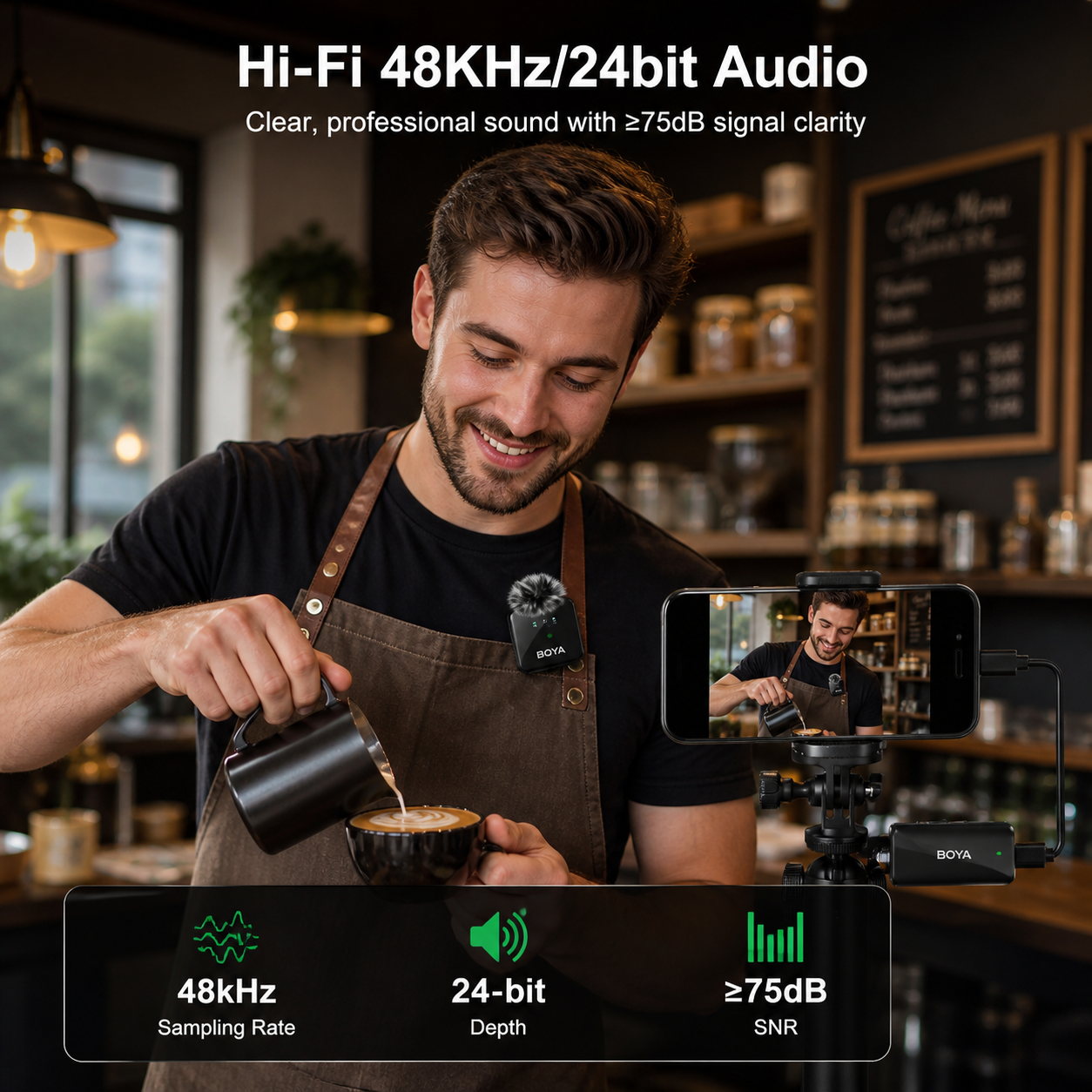 BOYA BY-MW9 Wireless Microphone Original Dual Mic With Noise Reduction Sound Puff Plug & Play for Android IOS Type C Vlogging Podcast Interview Recording | Boya Wireless Mic Mini Microphone for YouTube TikTok Live Streaming Creator Mic — image 7