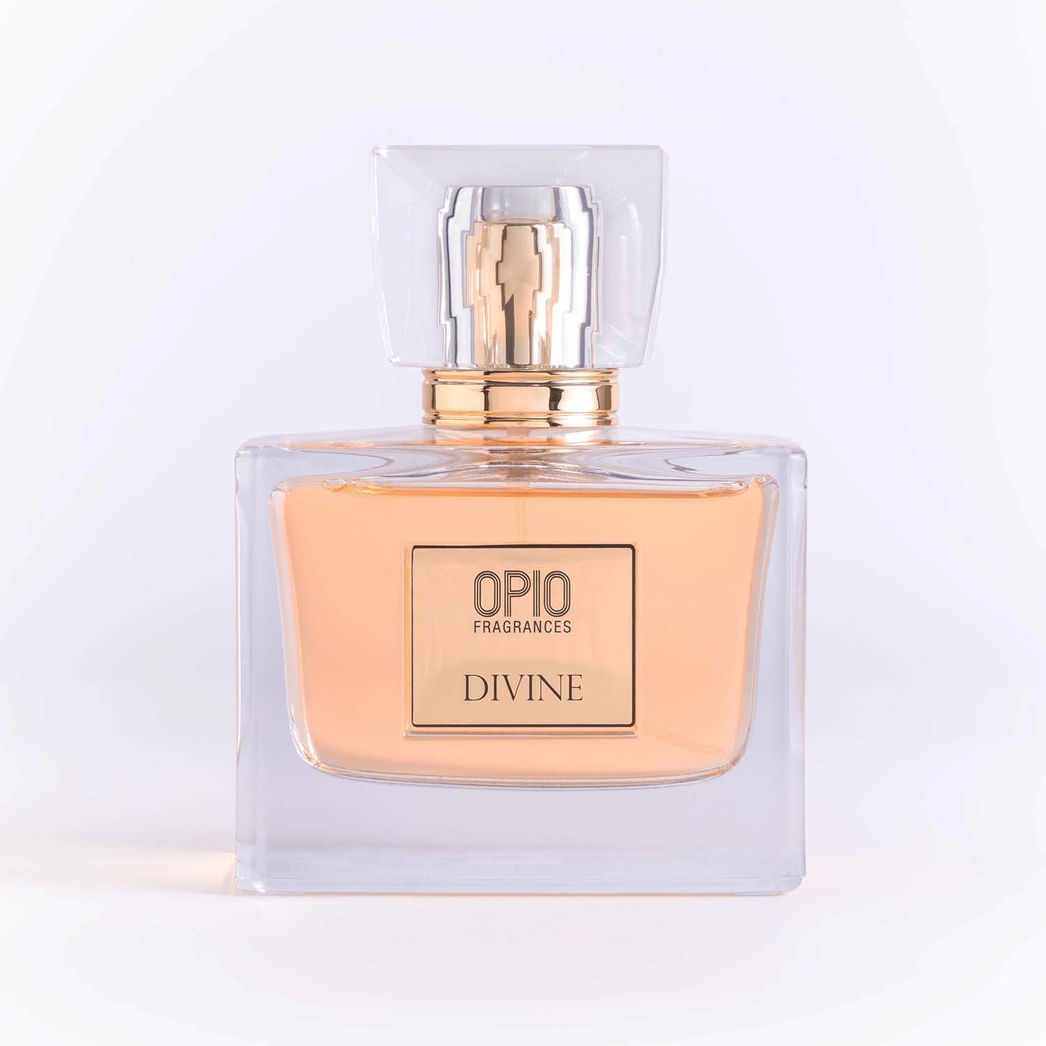 A clear bottle of perfume labeled 'DIVINE' with a transparent cap.