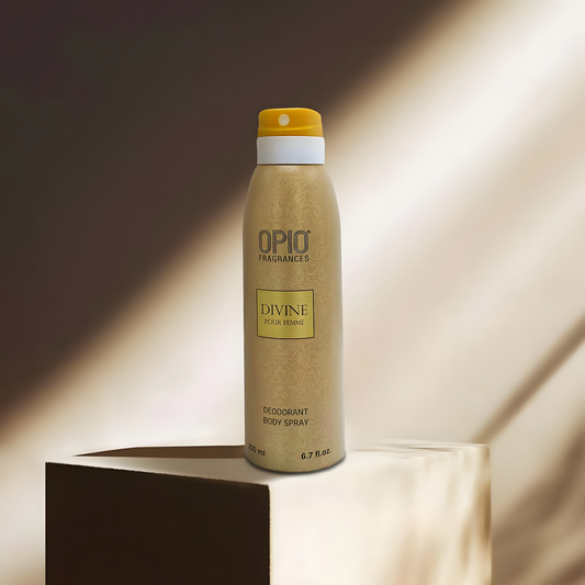 Opio Divine deodorant body spray bottle on a neutral background