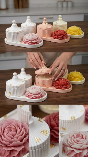 Elegant Fluted Jar & Flower Candle Sets