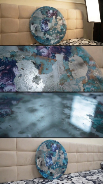 Modern Floral Tondo Painting – Irises & Thistles with Antiqued Metallic Accents
