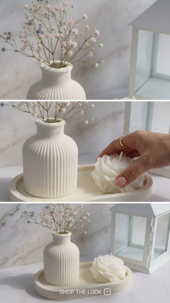 Minimalist Ribbed Vase & Rose Candle Decor Set